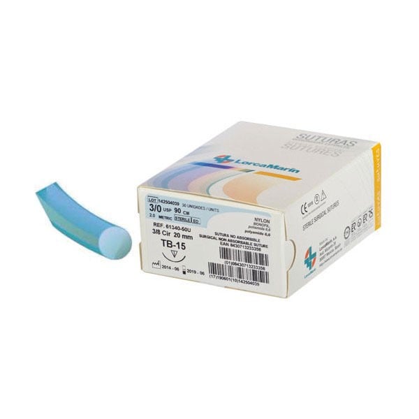 SUTURA QUIRÚRGICA NYLON MONO AZUL TC15 1/2 TRIAN 4/0 90 CM 12U - LORCA